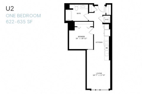 Floor plan for 1 bed, 1 bath, 635 sqft